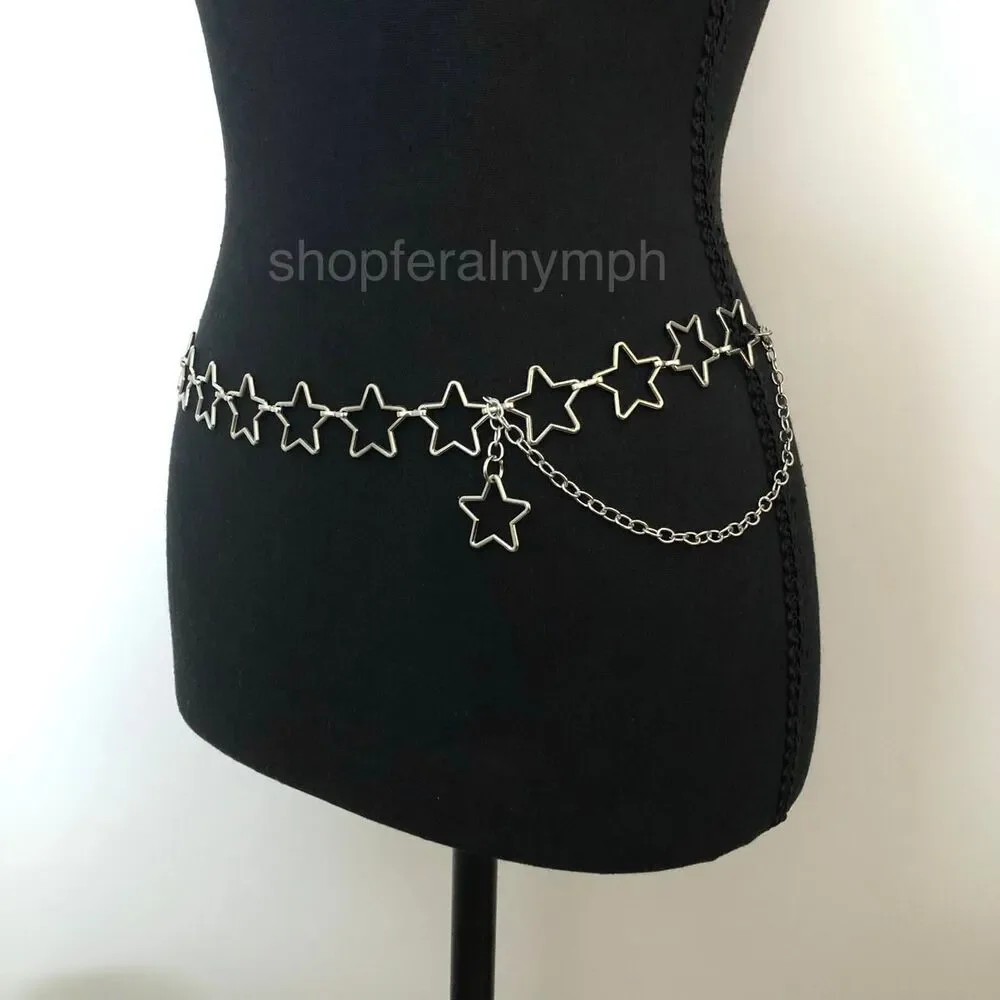 Vintage Y2K Cyber Star Silver Chain Belt, Fits 20.5–39.5 Inches, X7GA1177